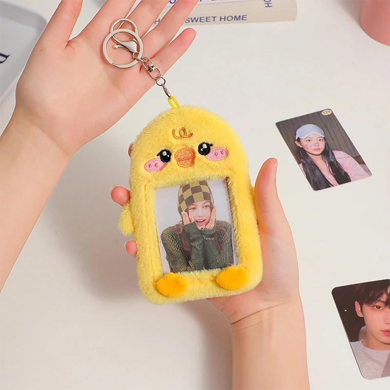 Soft Plush 3 Inch Korean Photocard Holder Cartoon Animal Series Dog/Cat/Chick/Rabbit Photo Card Holder Bag Pendant Stationery
