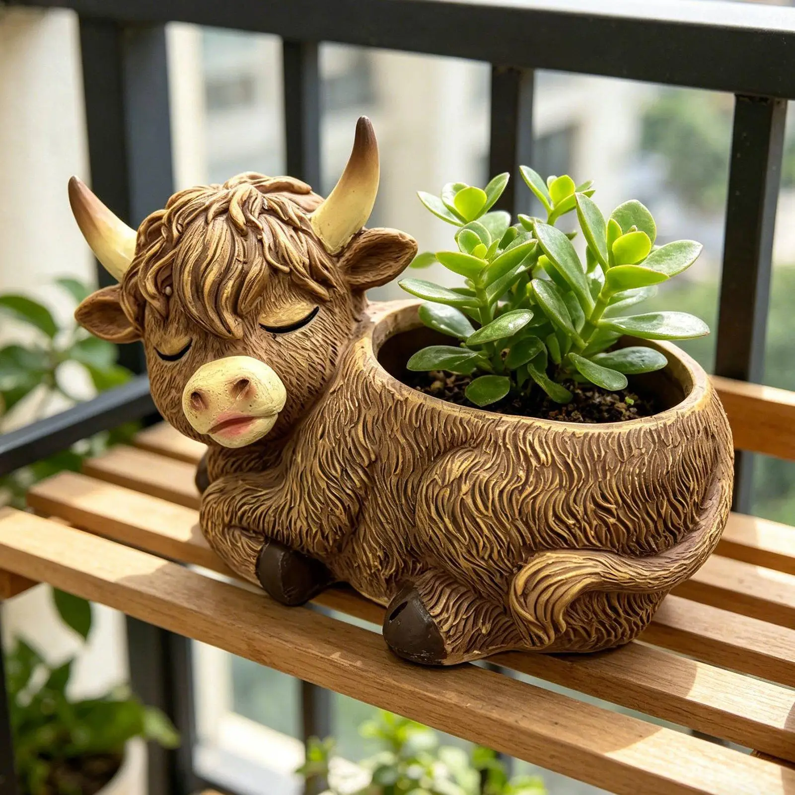 Cute Scottish Highland Cow Flowerpot Sculpture 6.69 Inch Decorative Growing Vase With Cow Design Home Garden Decoration