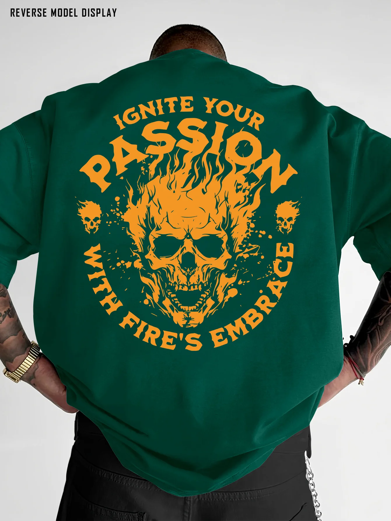 Fiery Skull Graphic Tee with Ignite Your Passion Quote in Bold Orange Print 100% Cotton Men's T-shirt Summer Urban Streetwear