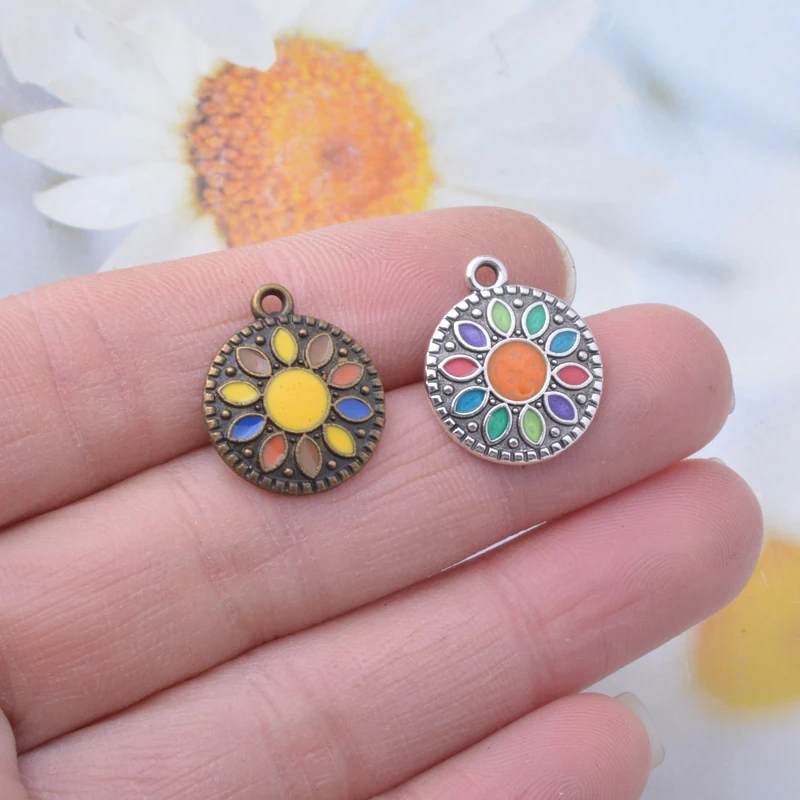 10 Stück Bohemian-Stil Antik-Bronze Runde Emaille-Anhänger Metall Kleine Anhänger DIY Ohrringe Damen Schmuck – Detail 6