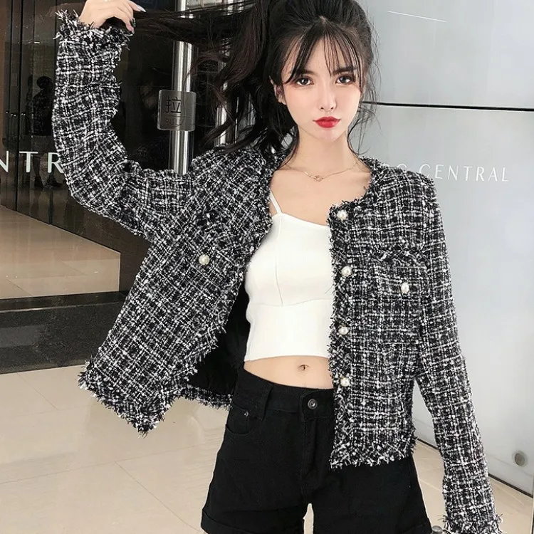 

Nice Pop Autumn women Tweed Jacket high quality Small Fragrance Korean Tweed Short Elegant Patchwork Jacket Female