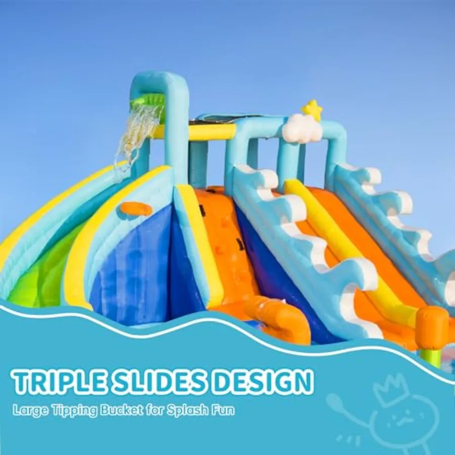Outdoor kids' inflatable triple slide water park with PVC material, blue and yellow color, quick-setup 750W blower and integrat