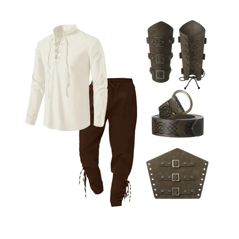 

New Halloween Men's Medieval Knight Pirate Costume Set Renaissance Cosplay Pirate Shirts Ankle Banded Pants Party Outfit