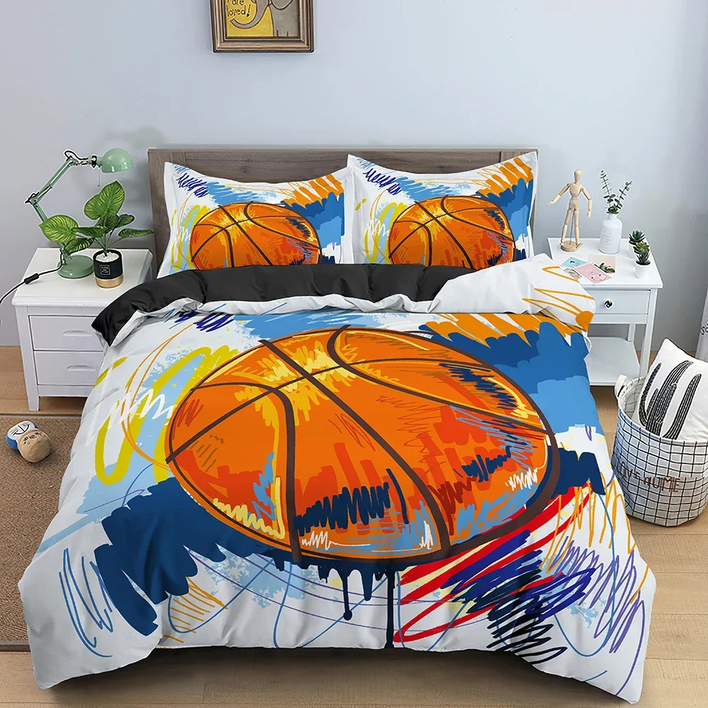 Basketball Sport King Queen Duvet Cover Watercolor Orange Ball Bedding Set for Kids Boy Play Game 2/3pcs Polyester Quilt Cover