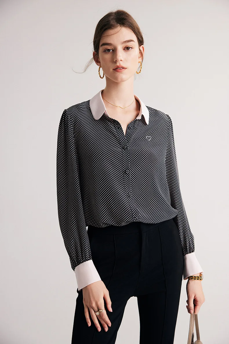 Large silk shirt women's early spring 2023 long-sleeved crepe de chine printing long-sleeved doll collar commuting 100% mulberry