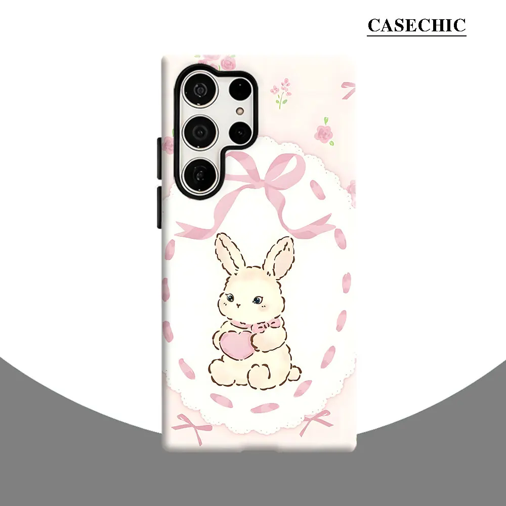 Pink Bunny Floral Bow Phone Case for Samsung Galaxy S26 S25 Ultra S24 S23 Ultra Plus Shockproof Double layer tough Back Cover