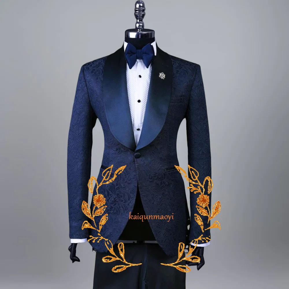 

Men Suit 2 Pieces Classic Navy Blue Jacquard Wedding Suit for Men 2023 Slim Fit Groom Tuxedos Costume Mariage Homme