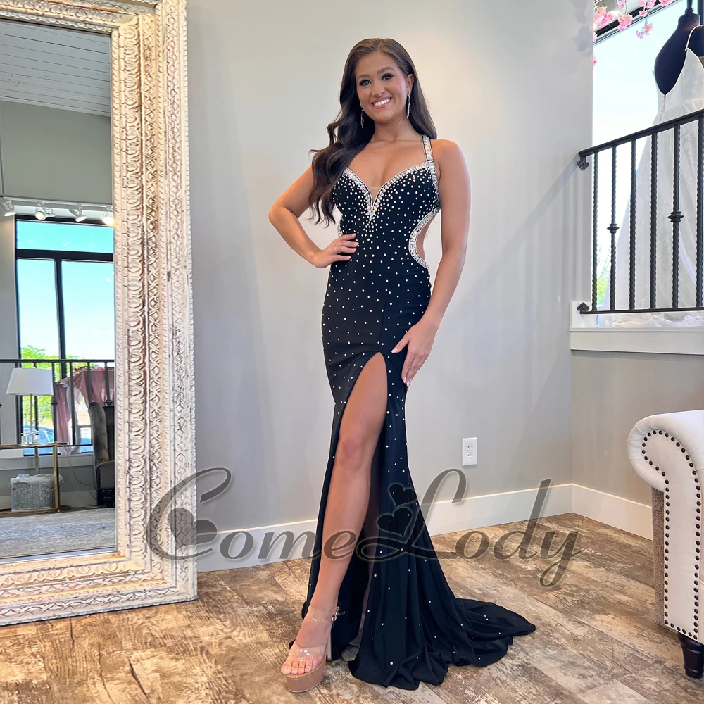 

Comelody Elegant Chiffon Prom Dresses for Women Saudi Arabia Spaghetti Straps High Slit Pearls V-neckline Robes De Soiree