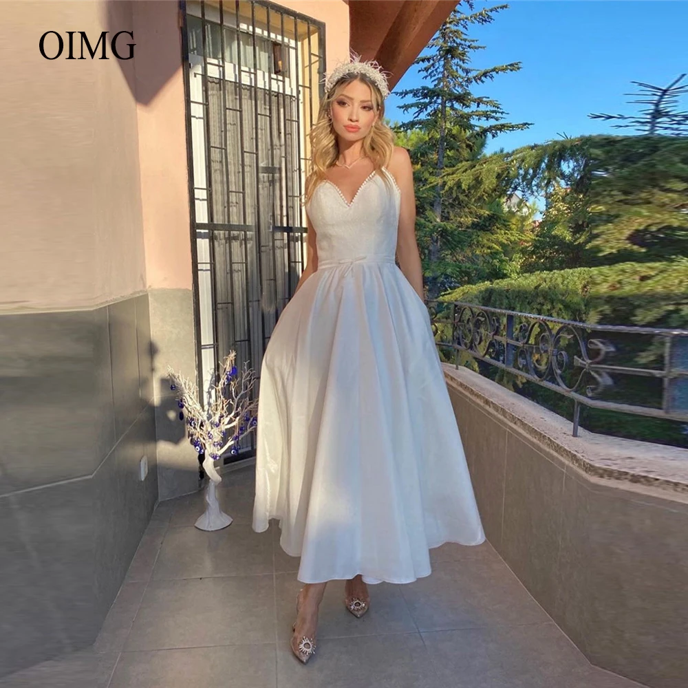 

OIMG White A Line Evening Dresses 2022 Sweetheart Ankle Length Arabic Women Formal Party Dress Bride Gown Formal Dress Custom