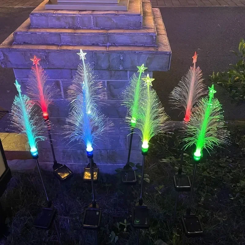 1-4PCS Solar Christmas Tree Stake Lights Waterproof Color Changing Optical Fiber Xmas Pathway Lamp Yard Garden Decoration