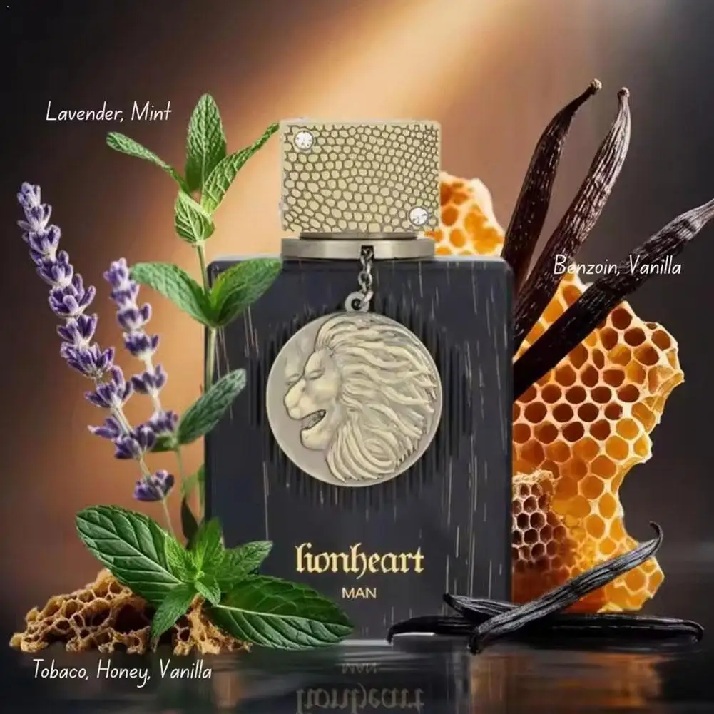 Perfume Árabe de Lujo Lion Man, Aroma Duradero a Tabaco, Miel y Vainilla, Fragancia Cálida y Especiada con Menta y Lavanda, Spray EDP para Hombre