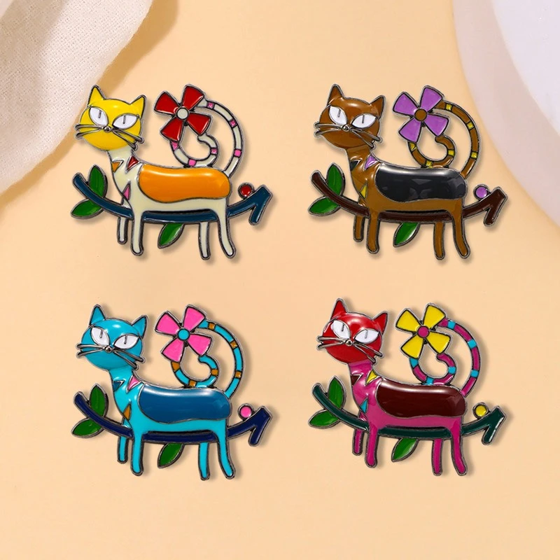 Retro Cartoon Cat Plant Brooches Handpainted Alloy Enamel Pin for DIY Clothing Bags Hat Scarf T-shirt Jeans Commute Accessory