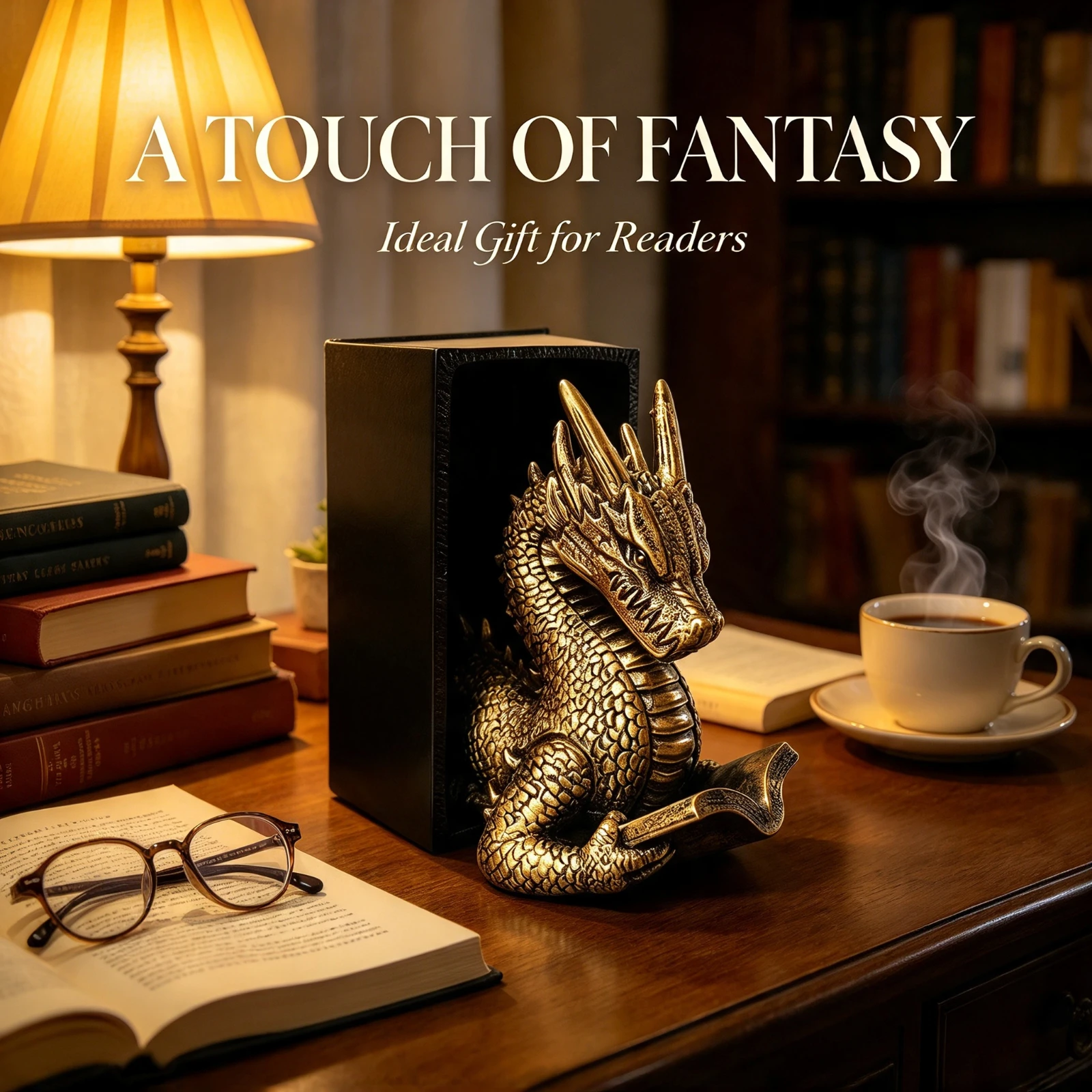 Antique Gold Dragon Bookends Heavy, Duty Resin Book Holder Statue, Fantasy Creature Sculpture Desk Office, Shelf Decor Home Gift