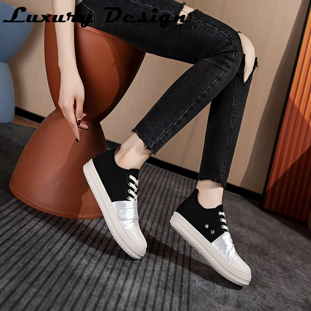 Vintage Design Men's Shoes Low Top Lace Up Fashion Platform Black Canvas Casual Flats Shoes Women's Round Toe Chunky Sneaker