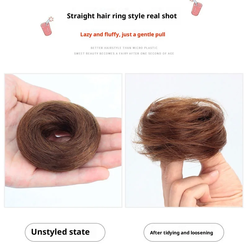 Real Hair Bun Hair for Female Straight Hair Lady Women Ring Net Celebrity Flower Bud Hair Artifact Fluffy Natural Hair Bag