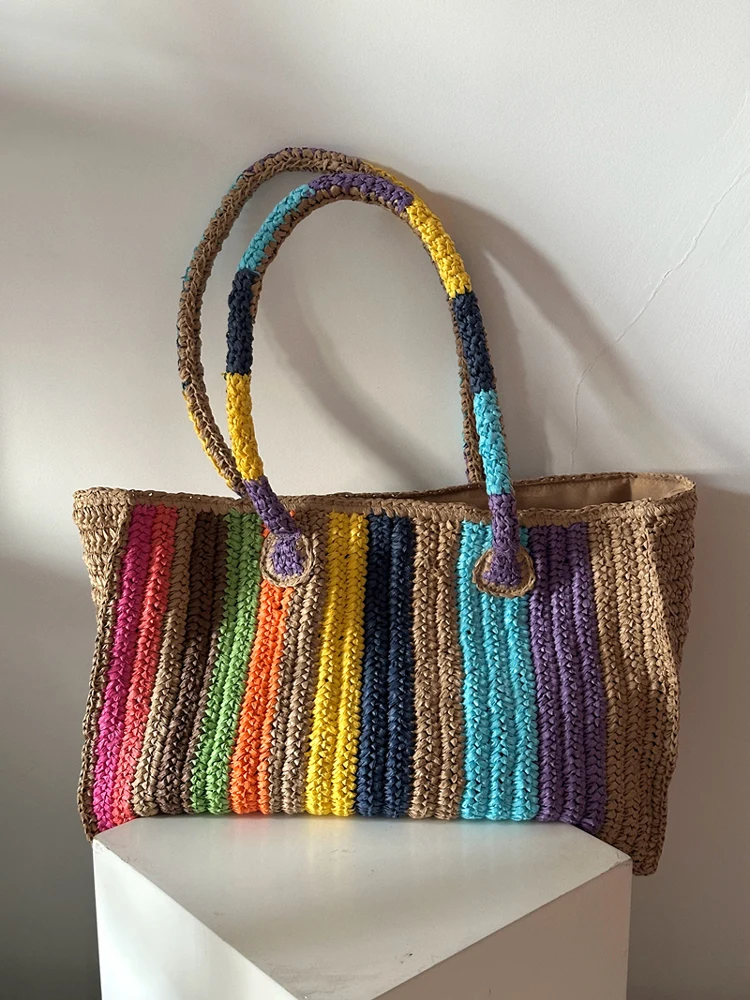 

Striped Women's Large Size St Woven Bag Beach Bag INS Single oulder Holiday Bag n Summer Handmade