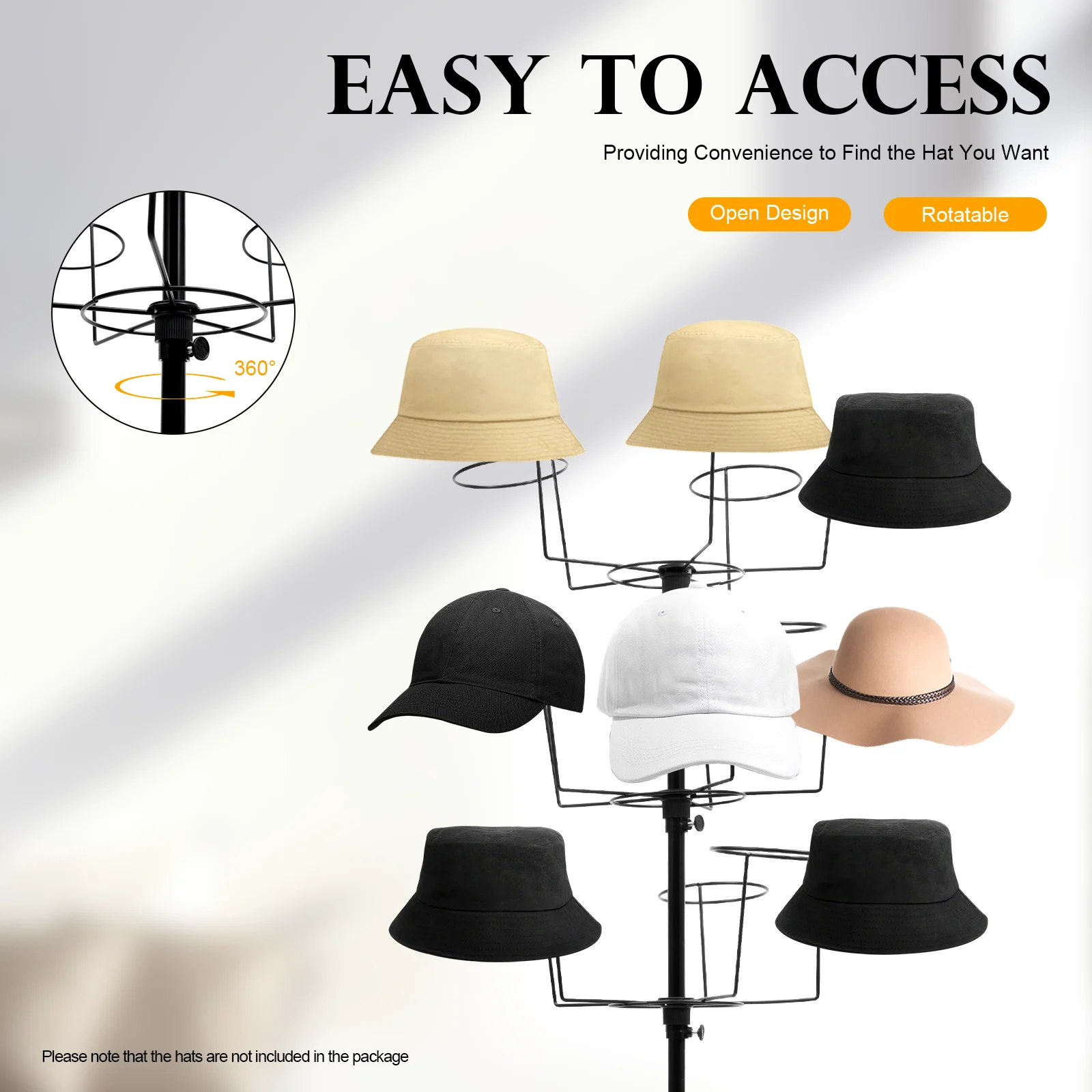 Hat Display Stand Adjustable Hat Cap Rotating Metal Display Stand Hanger Rack Space Saver with 4 Wheels for Retail Store