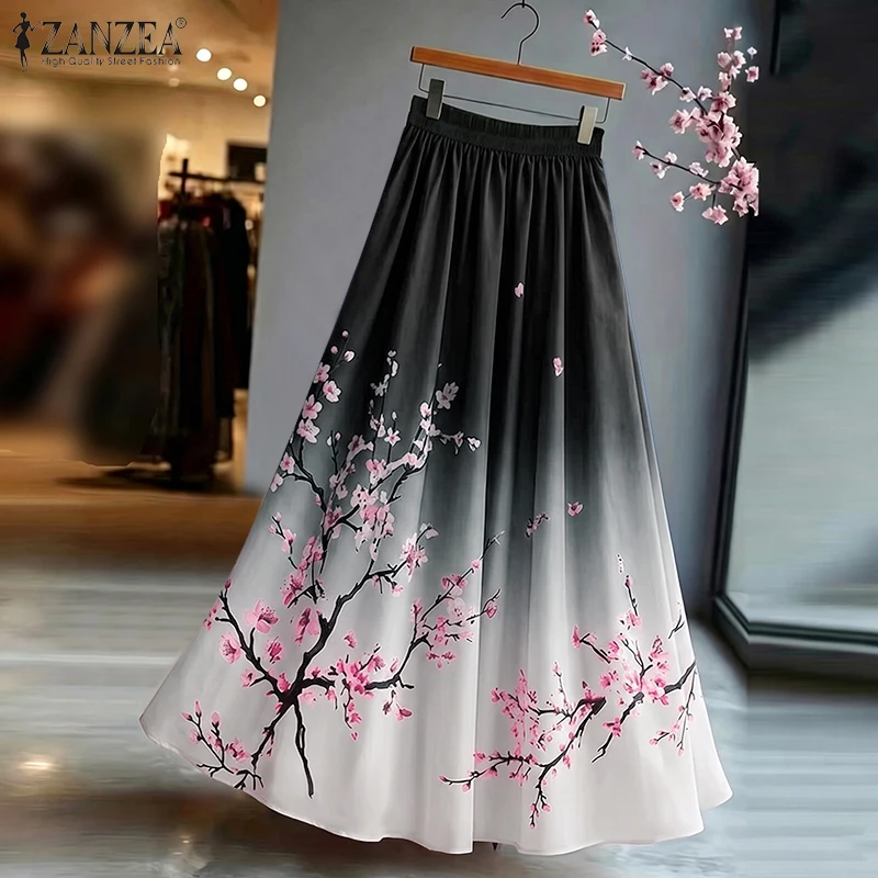 ZANZEA Women Fashion Ombre Maxi Skirts Elastic Waist Floral Print Loose A-Line Long Skirt Autumn Daily Casual Dates Faldas Mujer