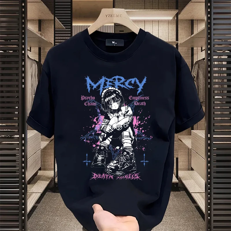 تي شيرت نسائي أسود مطبوع عليه رسومات طليعية بتصميم زاوية جمجمة أمريكية كلاسيكية ريترو أنيمي فتاة شارع بأكمام قصيرة للزوجين