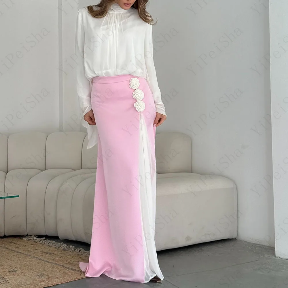 

Customized A-line Evening Dresses Floor-length High-neck Full Sleeve Prom Gown Fashion Flowers Simple Draped Casual Party Gown