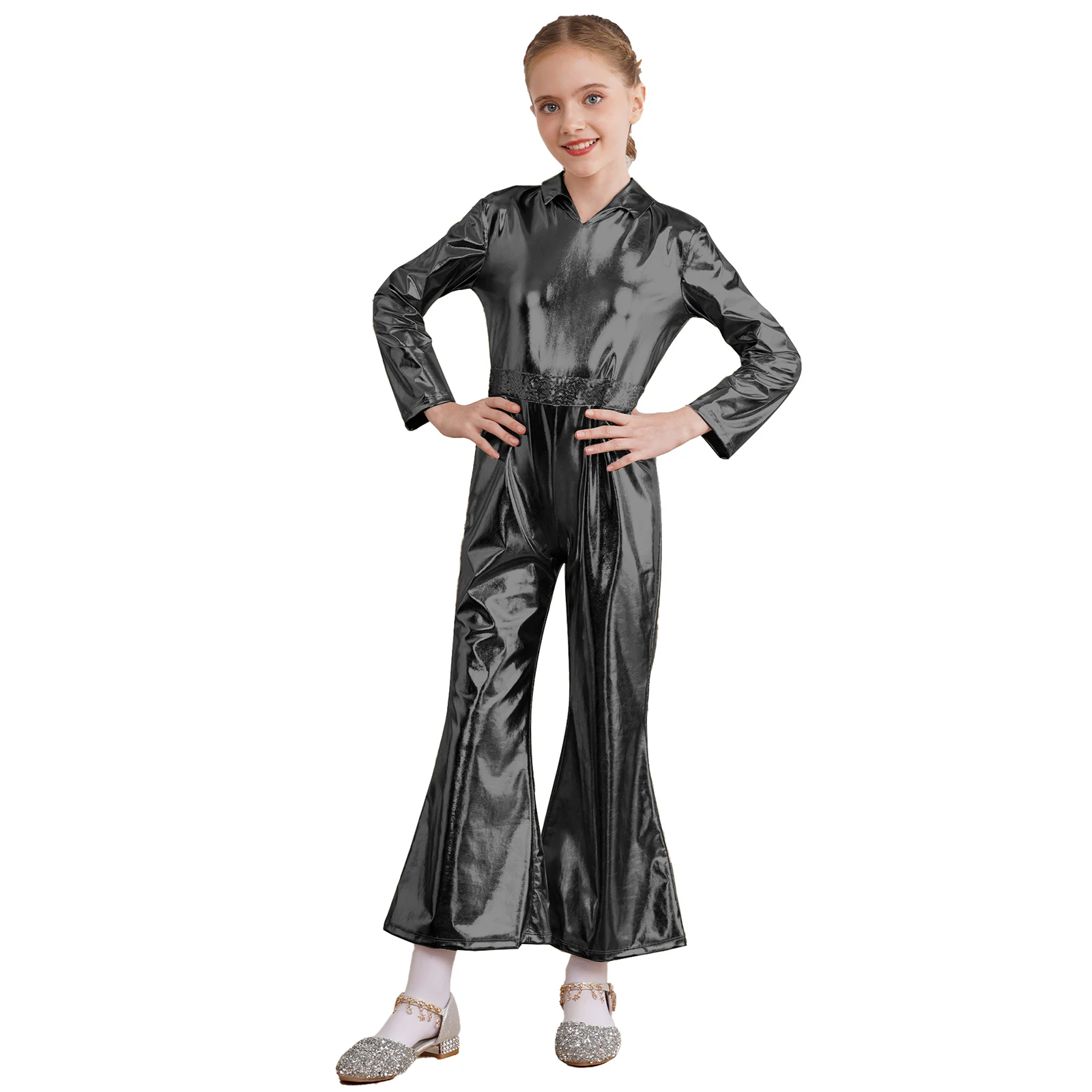 Ragazze Shiny Metallic Full body manica lunga Bell Bottom body tuta discoteca Jazz sala da ballo Party Performance Costumes