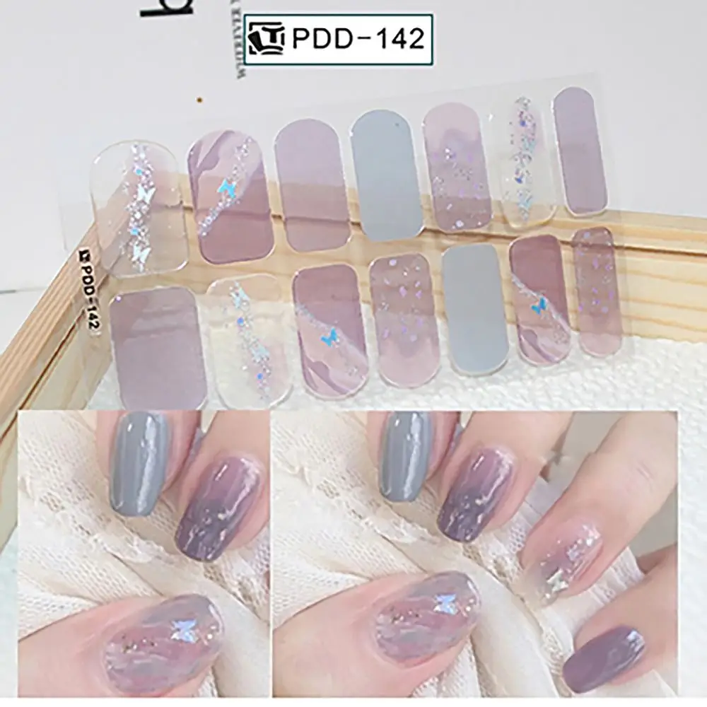 INS Trendy 14Strips Gel Nail Stickers Semi Cured Full Cover Nail Patch Floristic Gel Nail Polish Strips DIY Nail Art Making