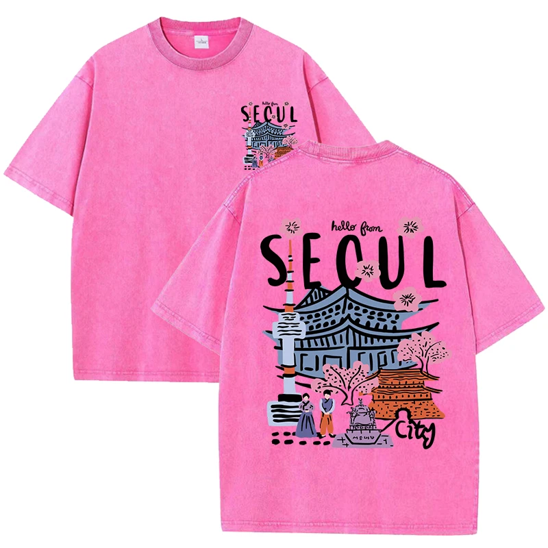 T-shirt lavata stampata con bellissimo scenario di Seoul T-shirt girocollo estiva femminile T-shirt casual a maniche corte in cotone alla moda