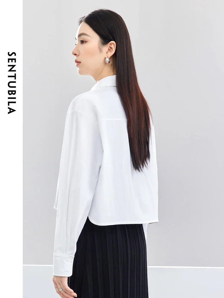 SENTUBILA ボタンアップ白クロップドシャツ女性 2025 春秋ファッション綿ブラウスドロップスリーブトップス女性服 141C52946