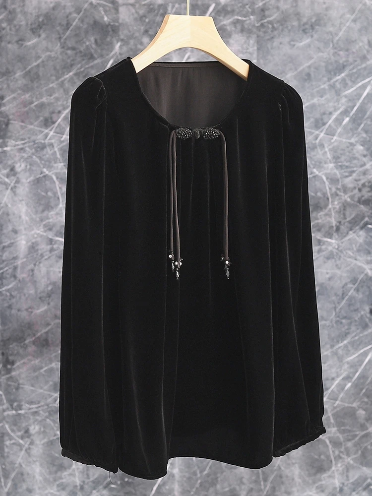 

Elegant Vintage Silk Velvet Shirt Loose round Neck with Sash Chinese Aesthetic Long Sleeve Women's Premium Fashion Top