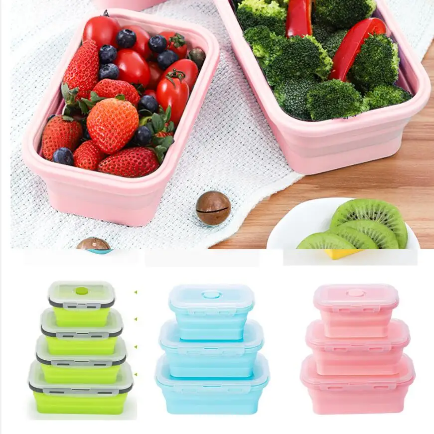 350-1200ml Silicone Collapsible Lunch Box Food Storage Container Microwavable Portable Bowl Picnic Camping Rectangle Outdoor Box