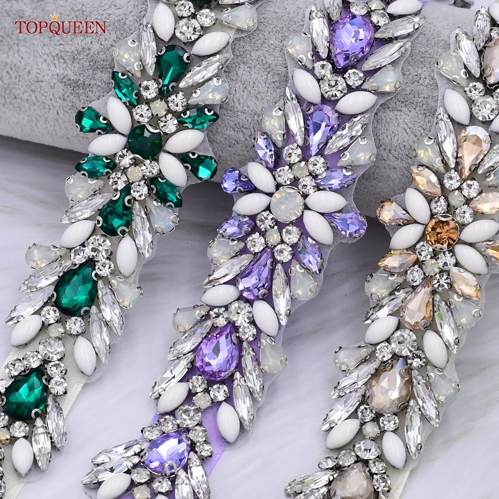 Topqueen S476 Paars Bruidsjurk Riemen Bling Prom Kleurrijke Rhinestone Applique Voor Trouwjurk Jurk Decoratieve Satijnen Sjerpen