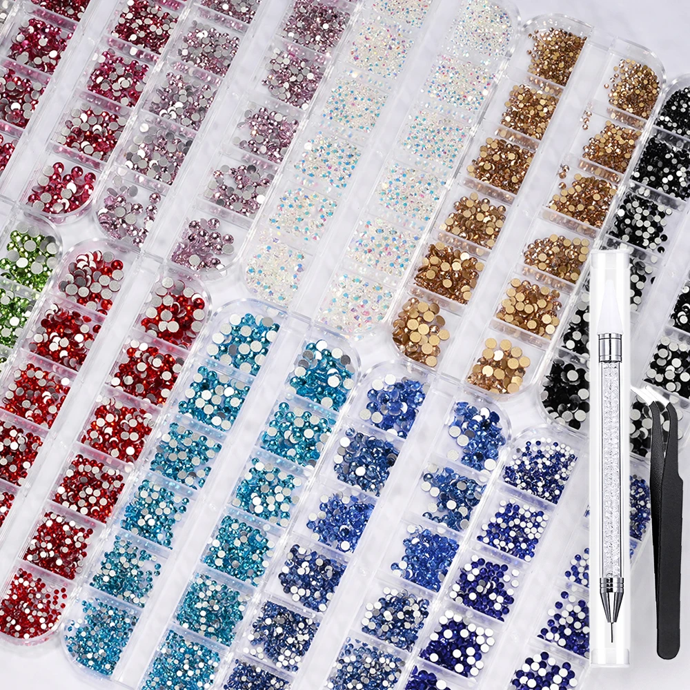 12Grids/Box 6 Sizes Clear Rhinestones Flatback Shiny Crystal Ab Nail Art Gems With Tweezer Rhinestone Picker Pen Nail Decoration