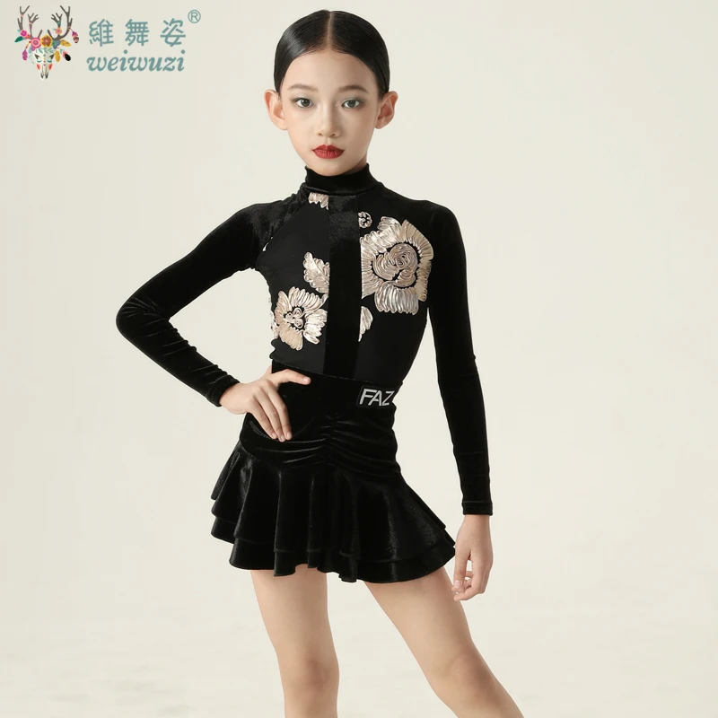 

Latin Dance Dress High Neck Long Sleeves Children Ballroom Dance Dresses Kids Rumba ChaCha Samba Tango Practice Training Wear