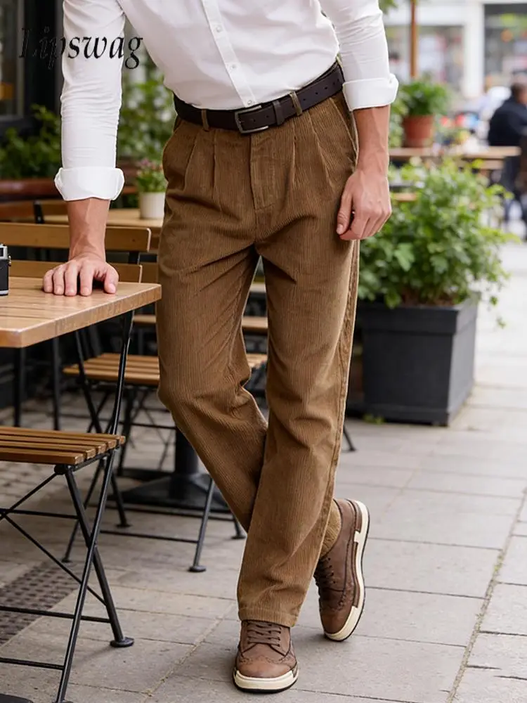 

Винтажные мужские однотонные вельветовые брюки, деловые офисные повседневные мужские свободные прямые брюки, весна-осень 2026, стильные текстурированные брюки