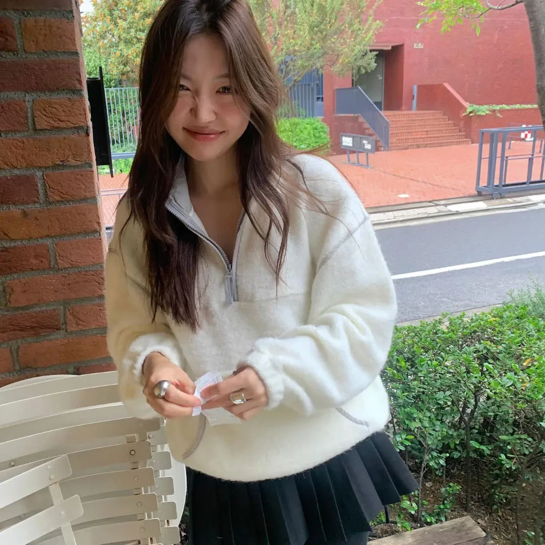 Mole io de Pelúcia com Meio Zíper Casual em Cor Sólida Confortável Estilo Retro F Moda Inverno 2025