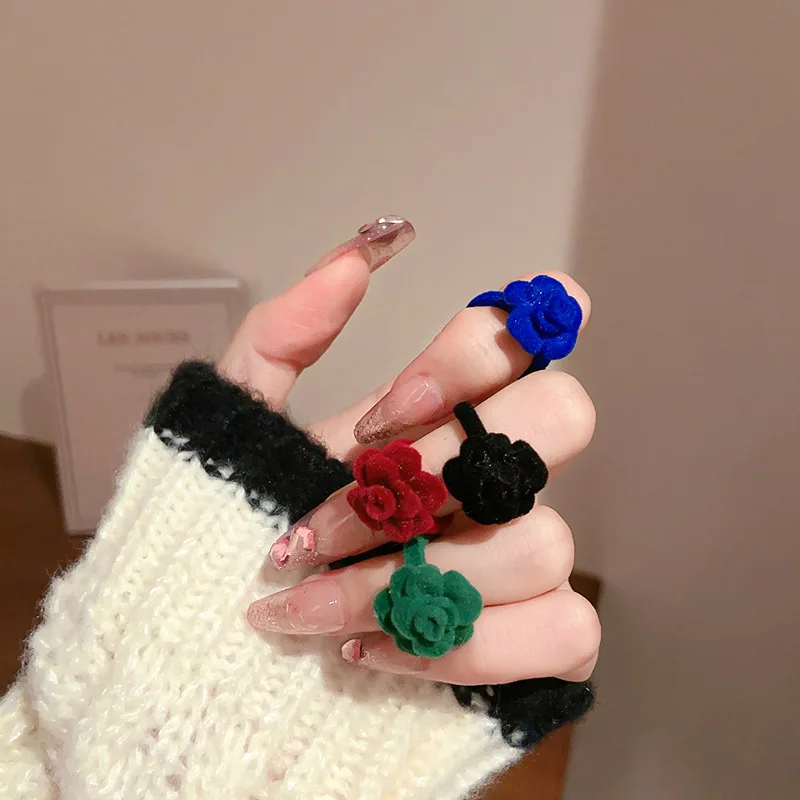 2023 New Fashion Rose Flower Open Rings For Women Cute Velvet Finger Rings Female Black Red Blue Green Rings Jewelry Gift