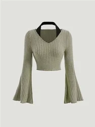 Women Contrast Collar Bell Sleeve Crop Tee Halter Collar Western Ribbed Knit Slim Long Sleeve Shirts Tops Elastic Basic Stretch