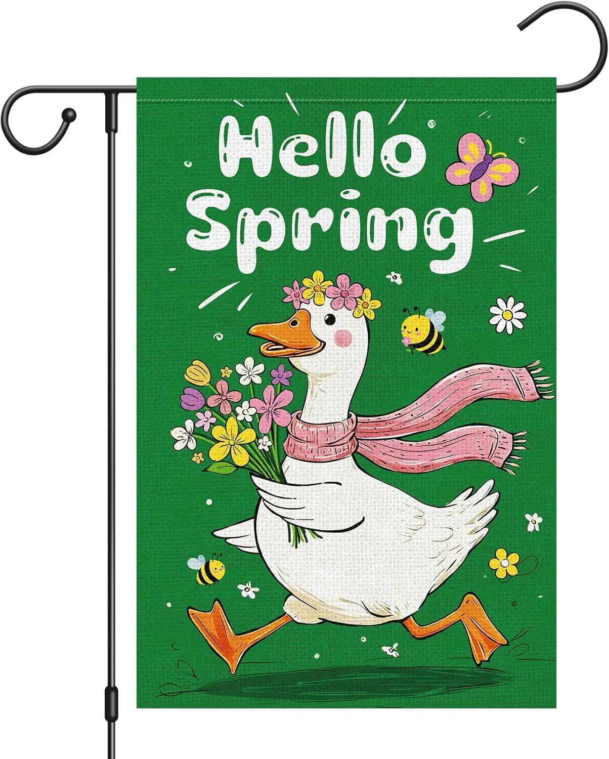 Heyfibro Hello Spring Funny Goose Garden Flag 12x18 Double Sided Burlap, Flower Crown Scarf-Wearing Goose with Bouquet & WWP