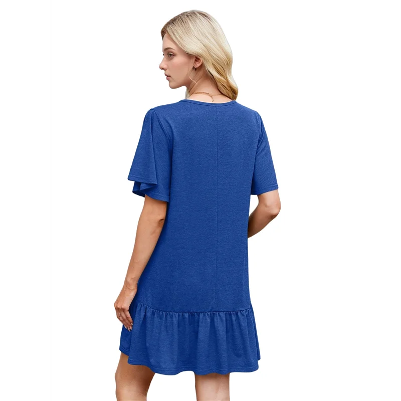 여성 여름 티셔츠 드레스 캐주얼 반팔 러플 밑단 크루넥 루즈 미니 드레스-A55G