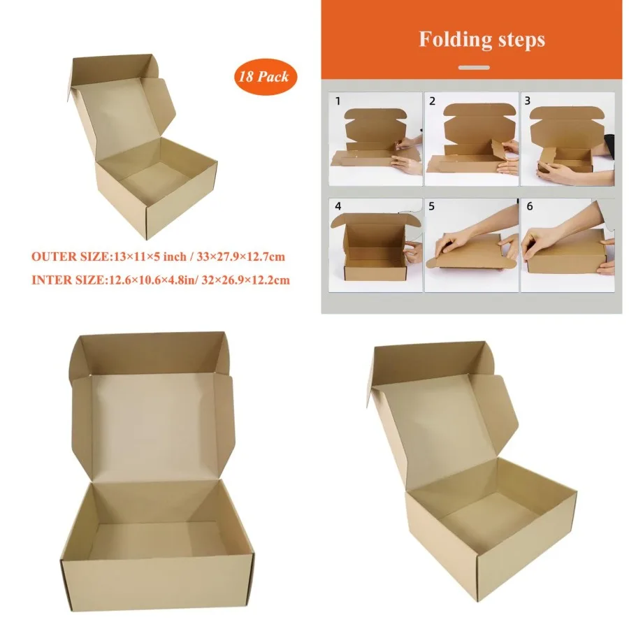 

13x11x5 Inch pack of 18 shipping boxes, Brown Corrugated Cardboard Mailer Box for small Business packaging supplies, packing an