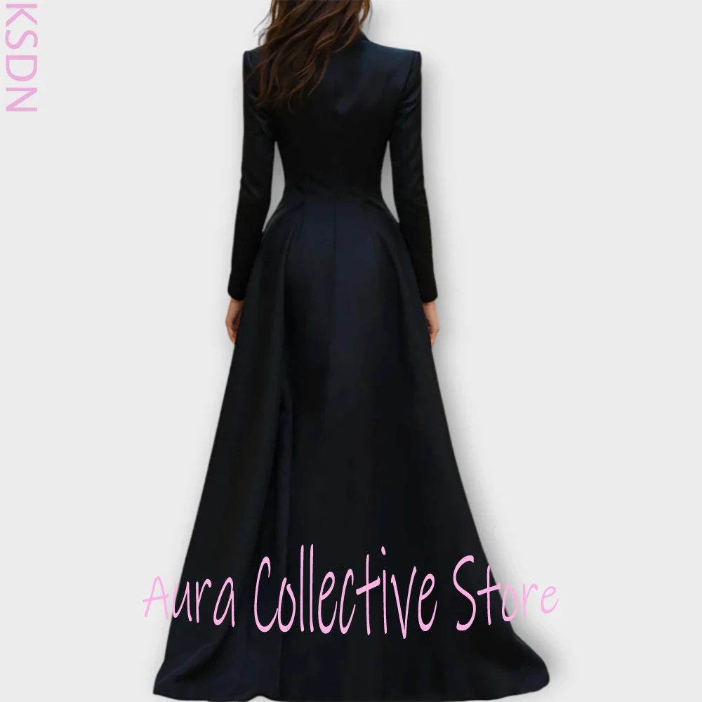 Robe Blazer élégante en Satin noir avec jupe fendue en dentelle, revers cranté, simple boutonnage, manches longues, Illusion formelle, robe de soirée pour femmes