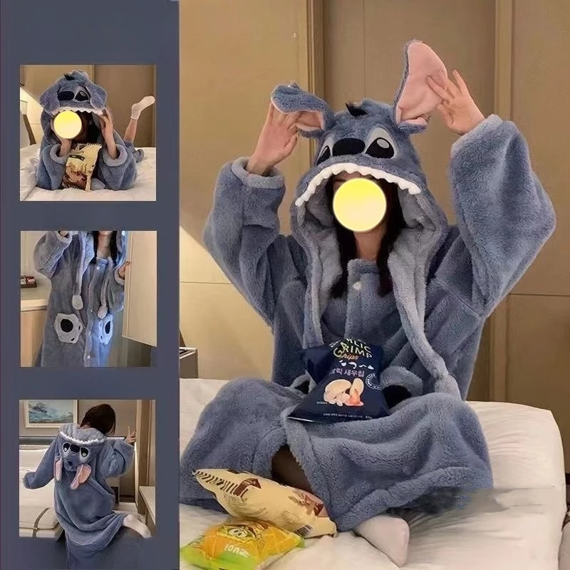 

MINISO New Style Stitch Couple's Pajamas Autumn and Winter Thickened Coral Fleece Nightgown Bathrobe Home Wear Set