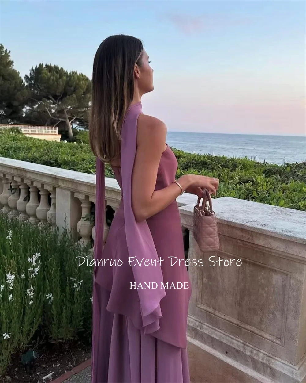 Dianruo Элегантные струящиеся вечерние платья Асимметричные шифоновые платья для выпускного вечера без рукавов без бретелек с лентами Robe D'été Femme по индивидуальному заказу