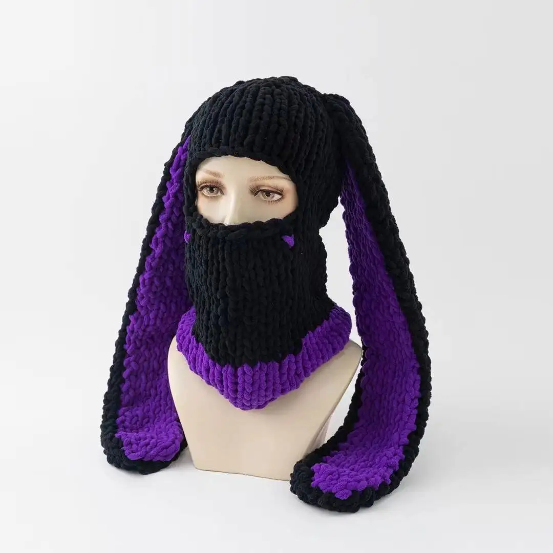 Y2k lange Hasen ohren Hut Winter handgemachte gestrickte lustige Mütze Kappe verdicken warme Voll gesicht Ski maske Abdeckung Sturmhaube für Party – Detail 16