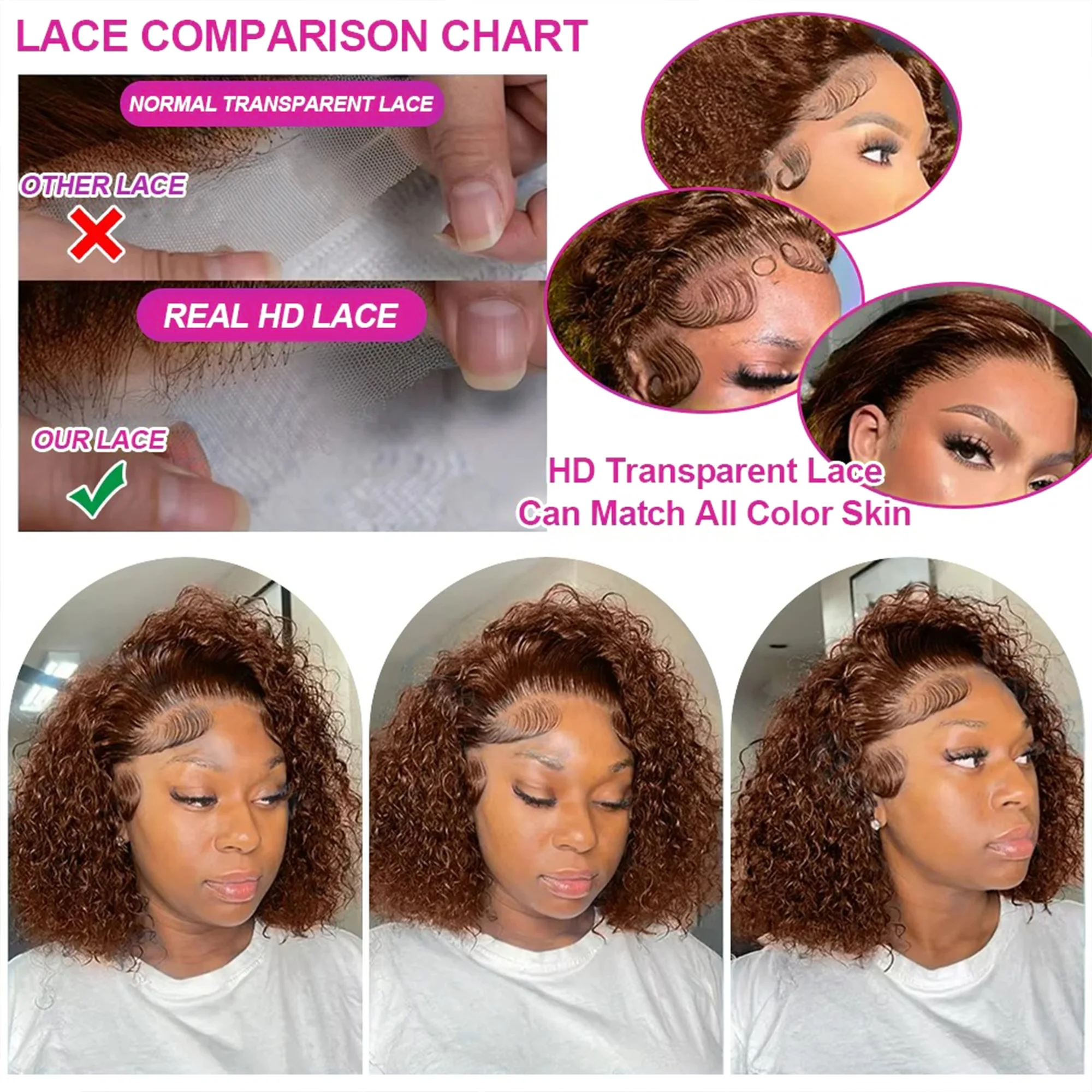 13x4 Brown Curly Hair Short Wigs Deep Wave 200Density Chocolate HD Lace Bob Wig Pre Plucked Human Hair 100%  For Women image 3