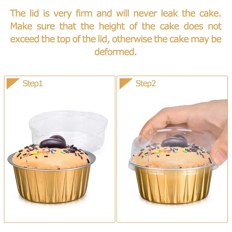 Dessert Cups with Lids, 50 Pack Gold Aluminum Foil Baking Cups Holders, Cupcake Bake Utility Ramekin Clear Pudding Cups