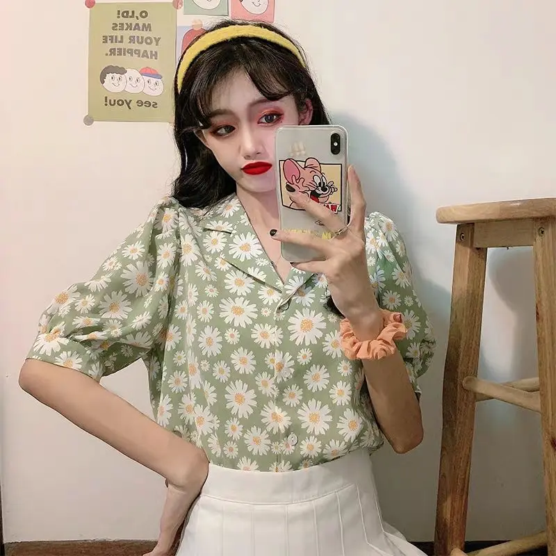 Vintage Floral Top Shirt Summer New V Neck Short Sleeve Loose All-match Youth Blouse Casual Fashion Korean Women Clothing