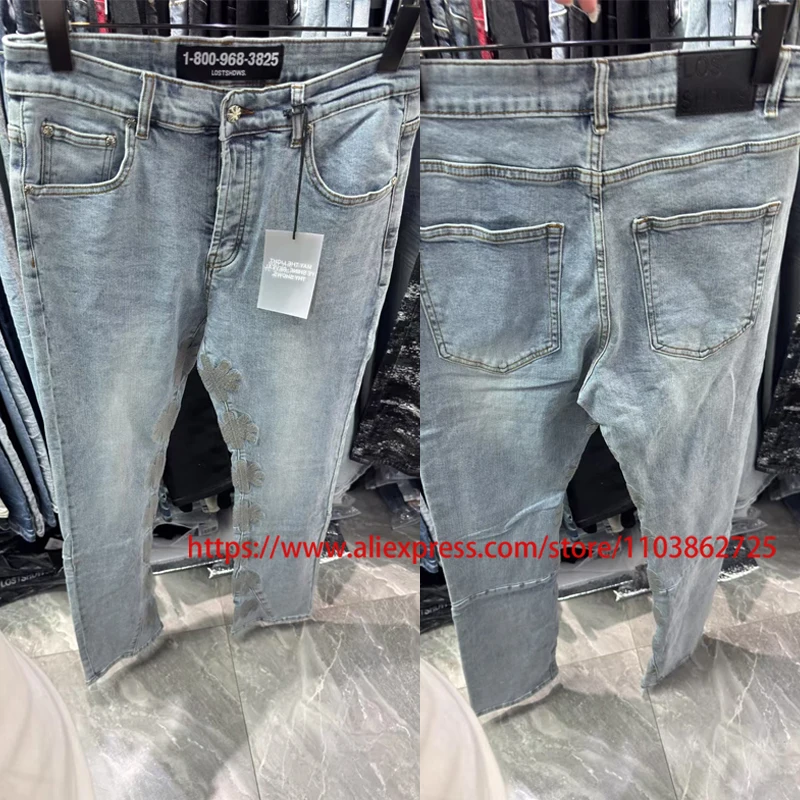 

American Fashion LOSTSHDWS Jeans High Quality Embroidery Logo Casual Light Blue LOST SHDWS Slim-fit Pants Unisex Style