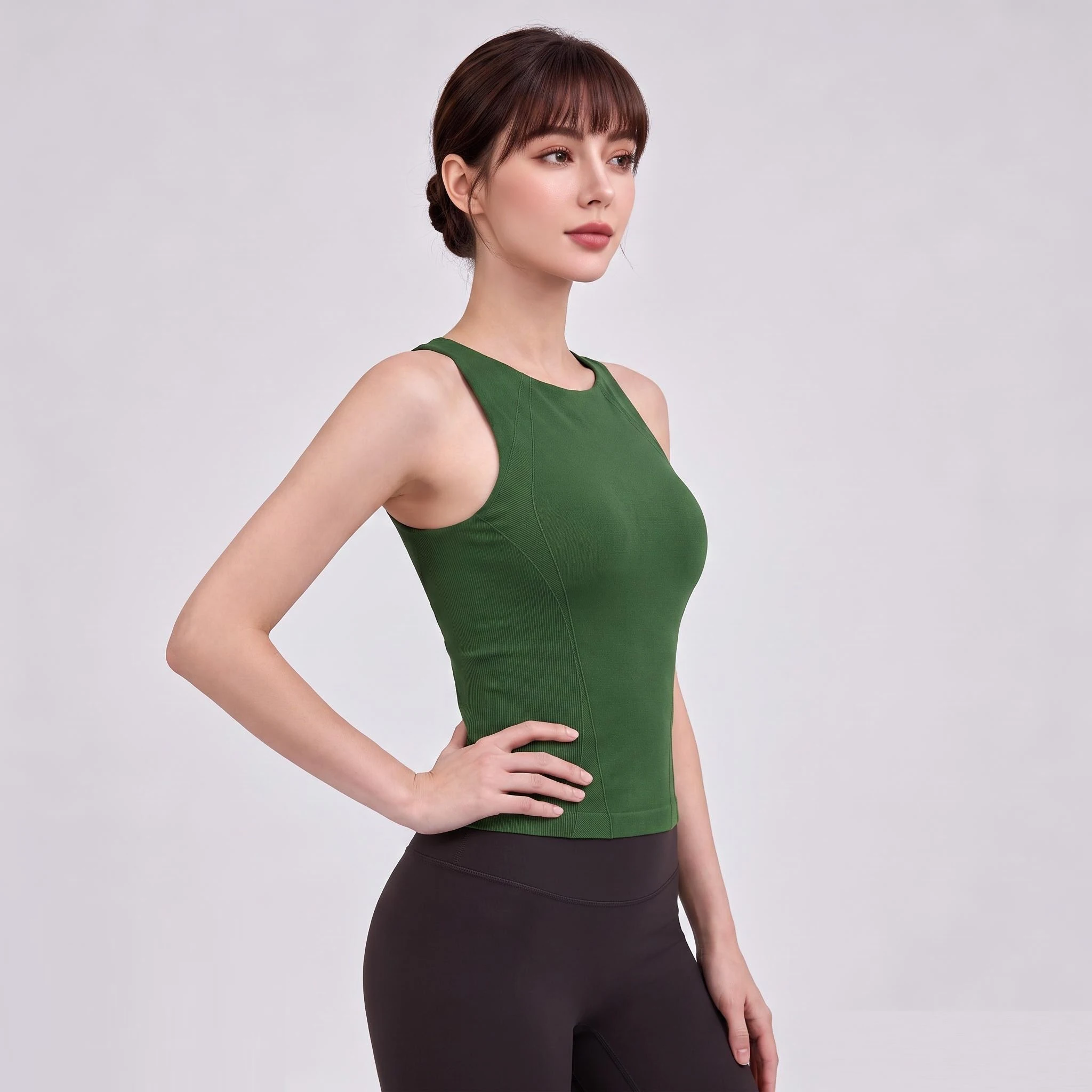 Figurbetontes, ärmelloses Yoga-Top – dehnbares, atmungsaktives Tanktop mit Falten, schnelltrocknende Sportbekleidung für Fitness, sexy, figurbetontes Sport-BH. – Detail 2
