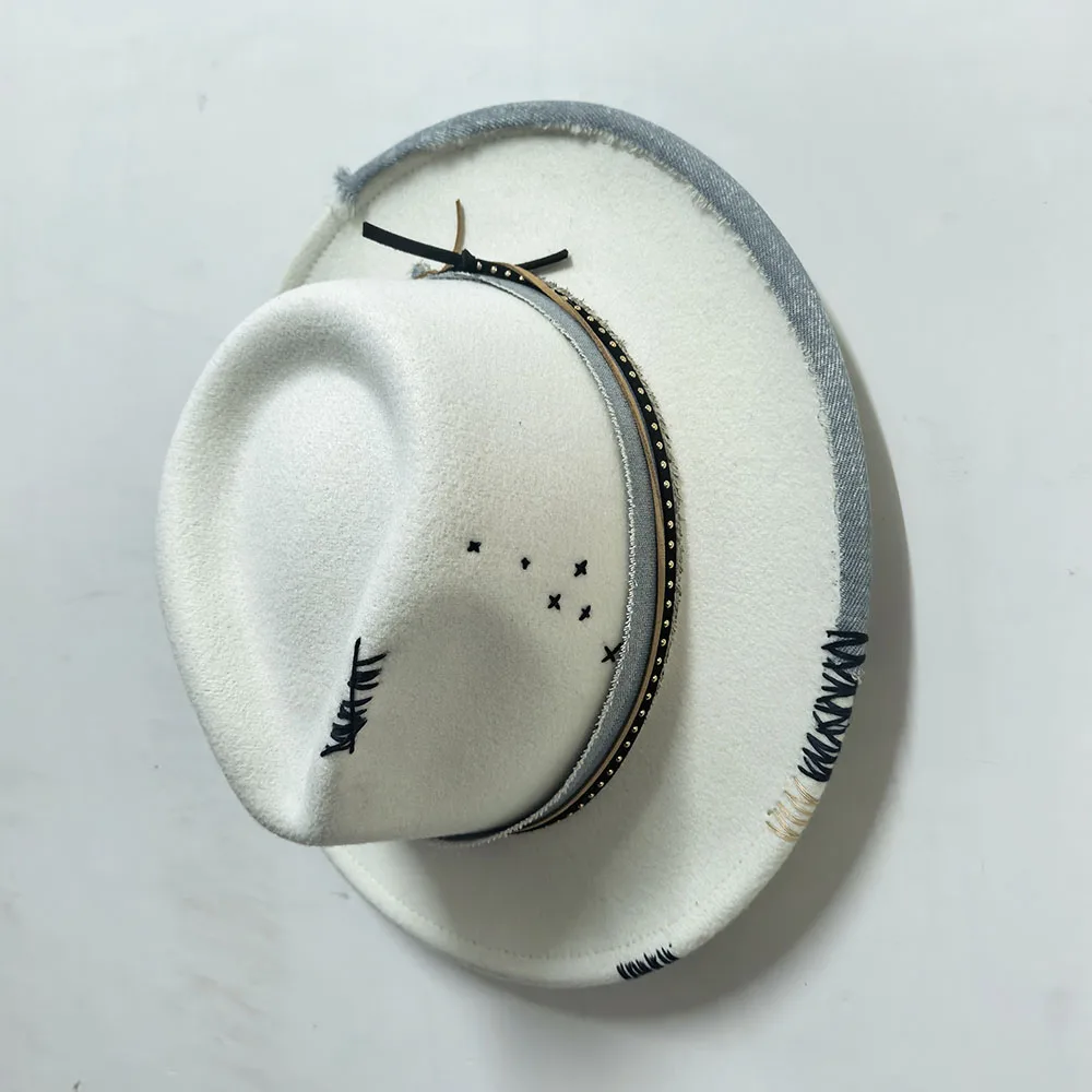 

Women Men Handmade Wide Brim Jazz Trilby Fedora Hat Lady Blue Hand Drawn Pop Church Adjustable Size